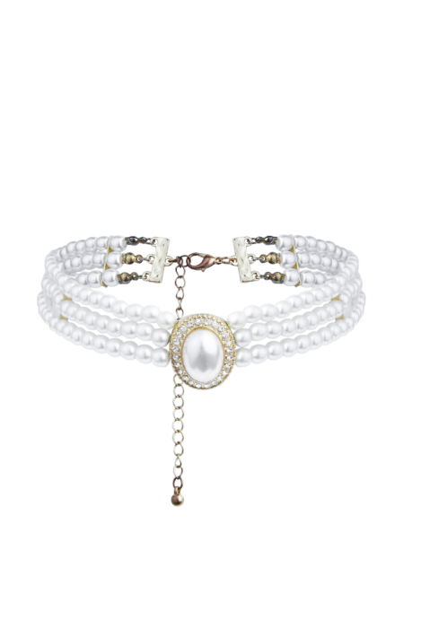 Чокер - колье жемчуг белый, 3 нити, с брошью в виде овала со стразами и жемчугом