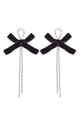 Серьги "Бантики" серебристые, бант бархат, со стразами