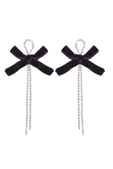 Серьги "Бантики" серебристые, бант бархат, со стразами