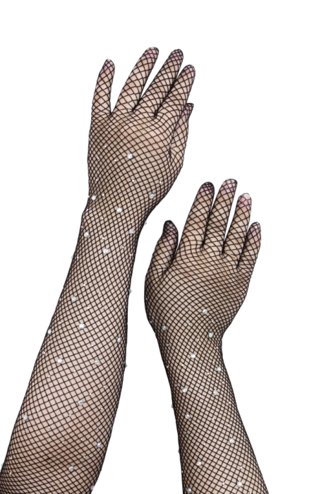 Перчатки черные, длинные, сетка со стразами