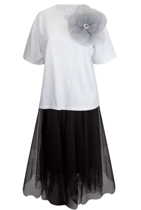 Комплект "Леона" белый/черный, с брошью (футболка + пышная юбка миди)