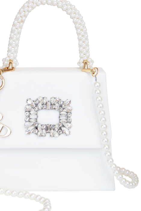 Сумка- клатч молочная с брошью из страз , белая, жемчуг