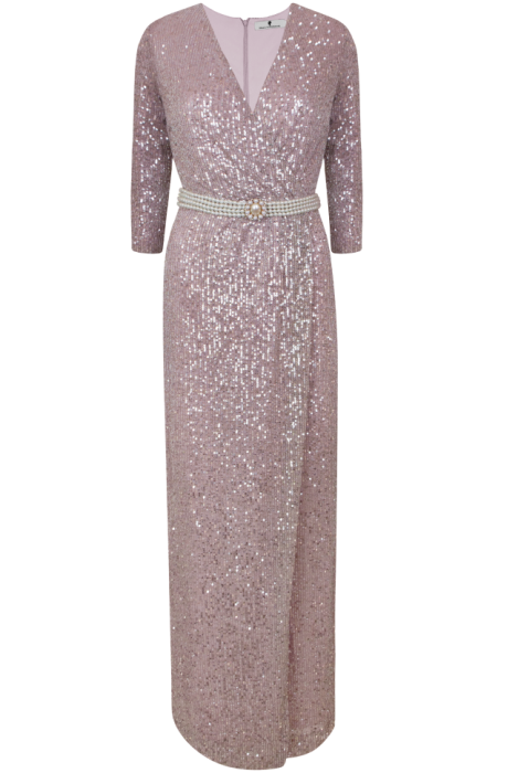 Платье "Сисиль, макси, розовое серебро, пудра, на запах, пояс из жемчуга