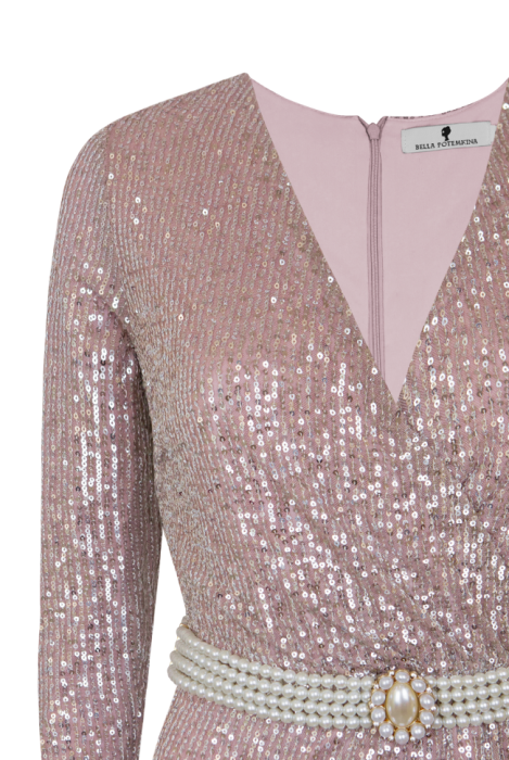 Платье "Сисиль, макси, розовое серебро, пудра, на запах, пояс из жемчуга