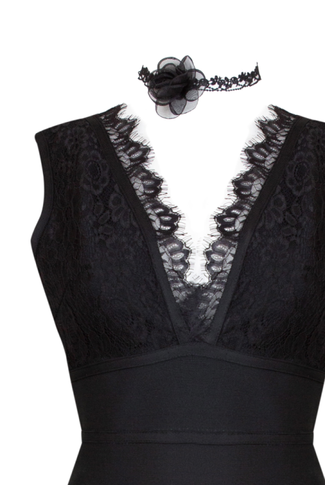 Платье-бандаж "Кано" черное, с кружевом, футляр, миди