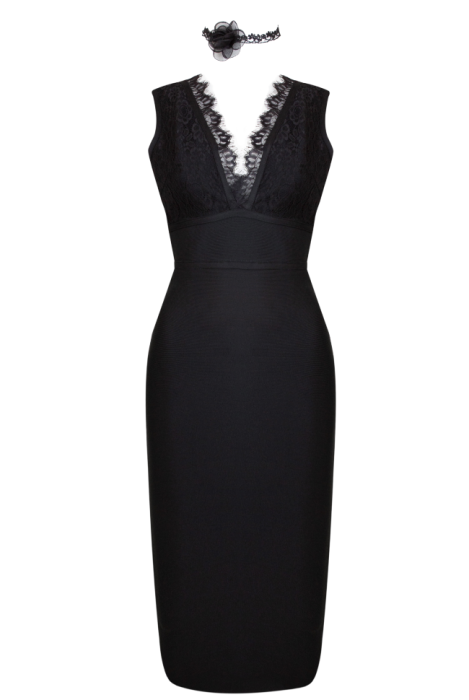 Платье-бандаж "Кано" черное, с кружевом, футляр, миди