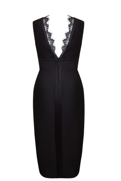 Платье-бандаж "Кано" черное, с кружевом, футляр, миди