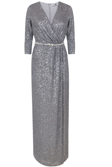 Платье "Сисиль", макси, графит, тёмное серебро, на запах + пояс из жемчуга