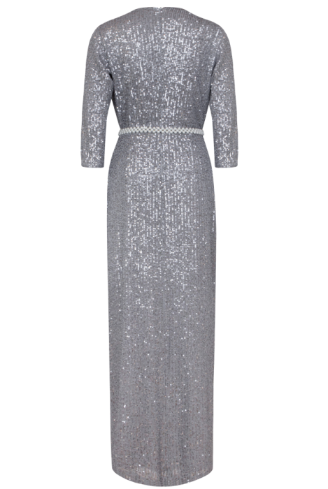 Платье "Сисиль", макси, графит, тёмное серебро, на запах + пояс из жемчуга