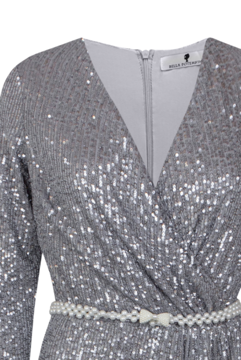 Платье "Сисиль", макси, графит, тёмное серебро, на запах + пояс из жемчуга