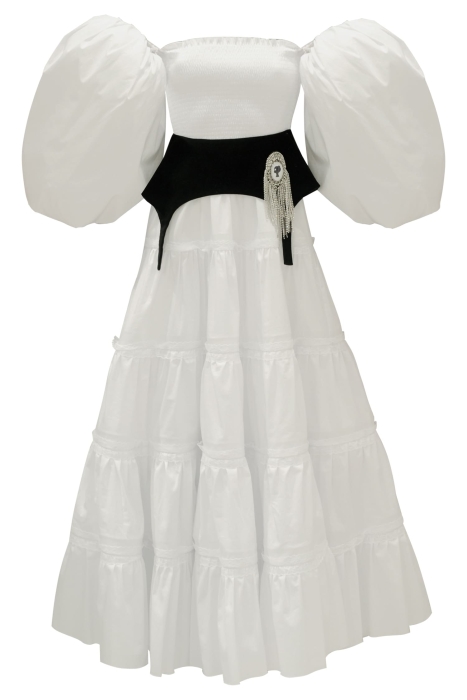 Платье "Лилит" белое, хлопок + баска с брошью, макси