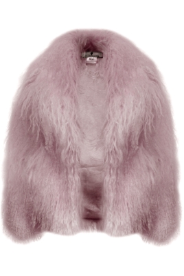 Шуба (полушубок) "Николет" пудровая, мех лама (натуральный), мини 60 см