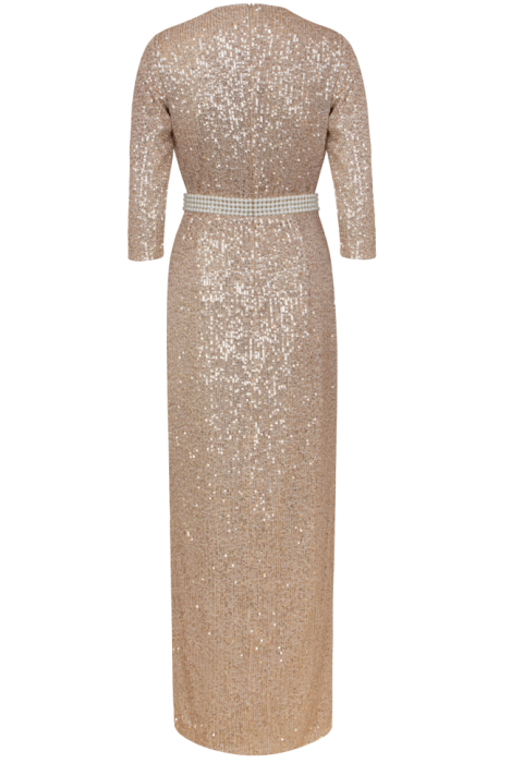 Платье "Сисиль", макси, персиковое, золотистое, на запах + пояс из жемчуга