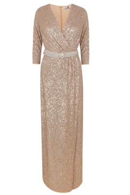 Платье "Сисиль", макси, персиковое, золотистое, на запах + пояс из жемчуга