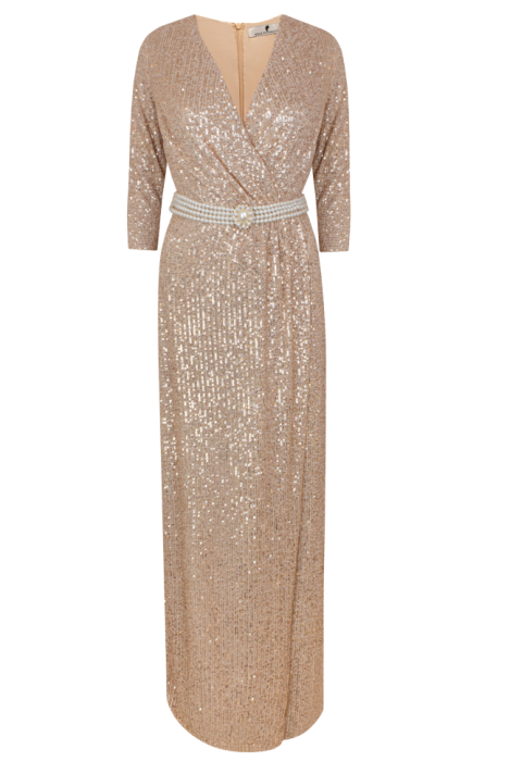 Платье "Сисиль", макси, персиковое, золотистое, на запах + пояс из жемчуга