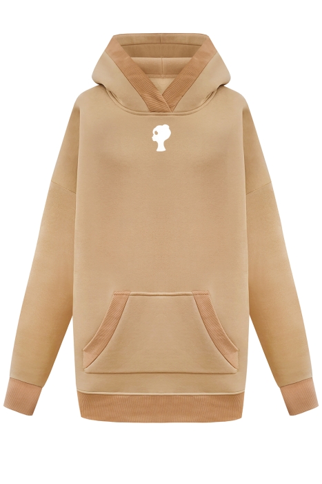 Худи "Эстьен" бежевое, с карманом кенгуру, удлиненное
