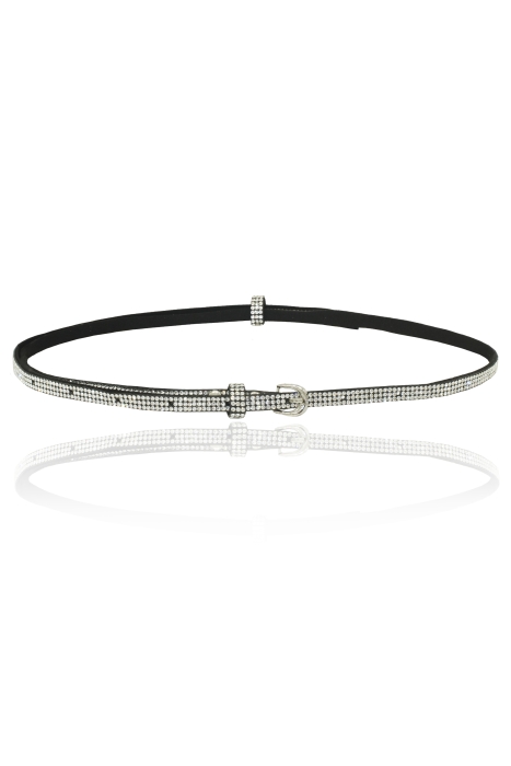 Пояс (ремень) черный, с серебристыми стразами,тонкий (7 мм)