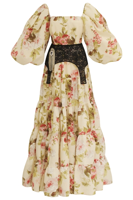 Платье "Лилит" нюдовое, цветочный принт, рукава фонарики + пояс корсет с брошью, макси