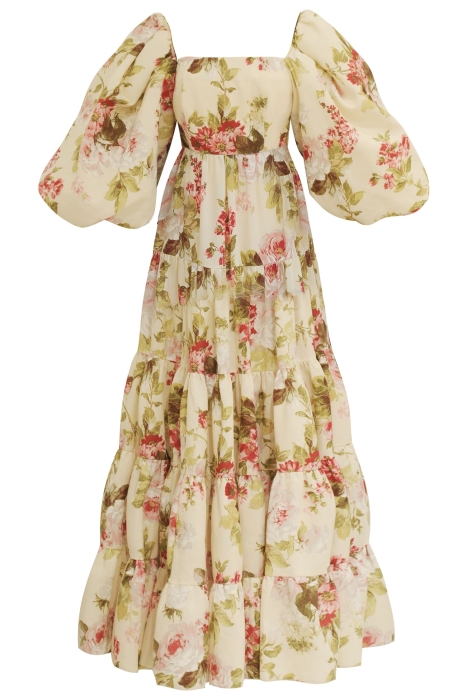 Платье "Лилит" нюдовое, цветочный принт, рукава фонарики + пояс корсет с брошью, макси