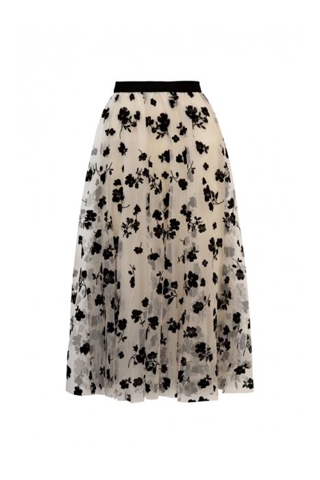 Юбка - пачка "Нола" молочная, принт "цветы" бархат (84 см), пышная