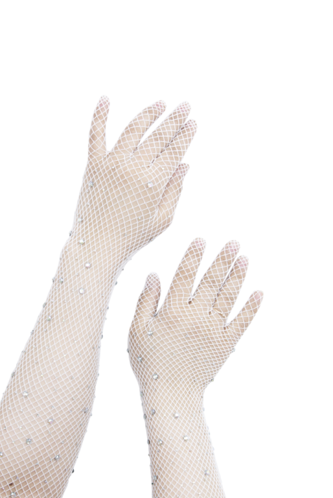 Перчатки белые, длинные, сетка со стразами
