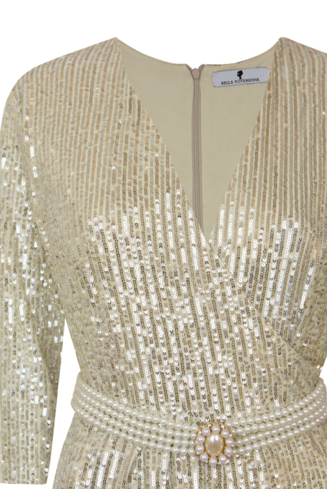 Платье "Сисиль", макси, светлое золотистое, на запах + пояс из жемчуга