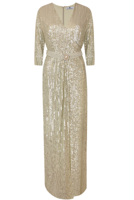 Платье "Сисиль", макси, светлое золотистое, на запах + пояс из жемчуга