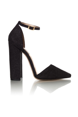 Туфли глиттер черные, широкий каблук