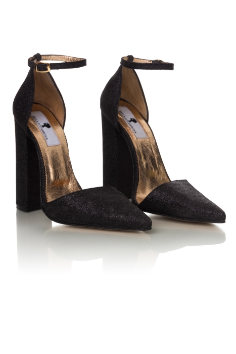 Туфли глиттер черные, широкий каблук