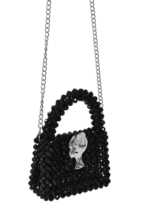 Сумка "Барокко" черная, с ЛОГО, из акриловых бусин, кутюр