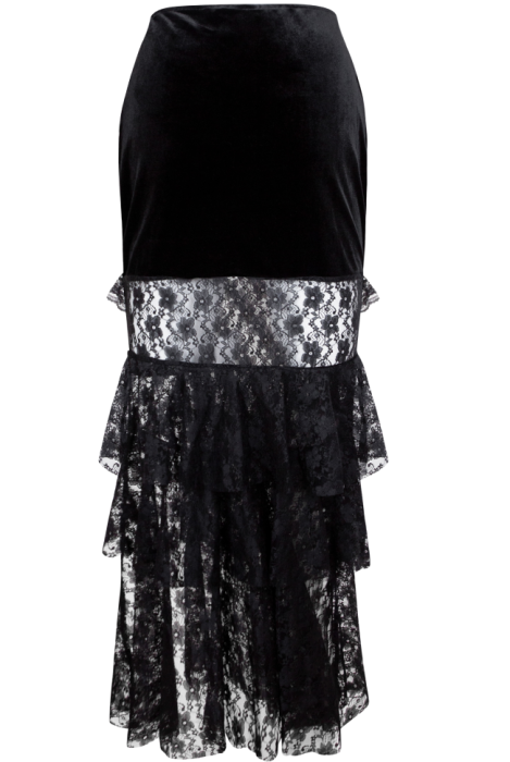 Юбка "Акомэ" черная, миди, бархат, кружево, с рюшами, с драпировкой, карандаш