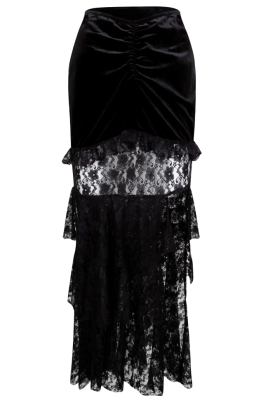 Юбка "Акомэ" черная, миди, бархат, кружево, с рюшами, с драпировкой, карандаш