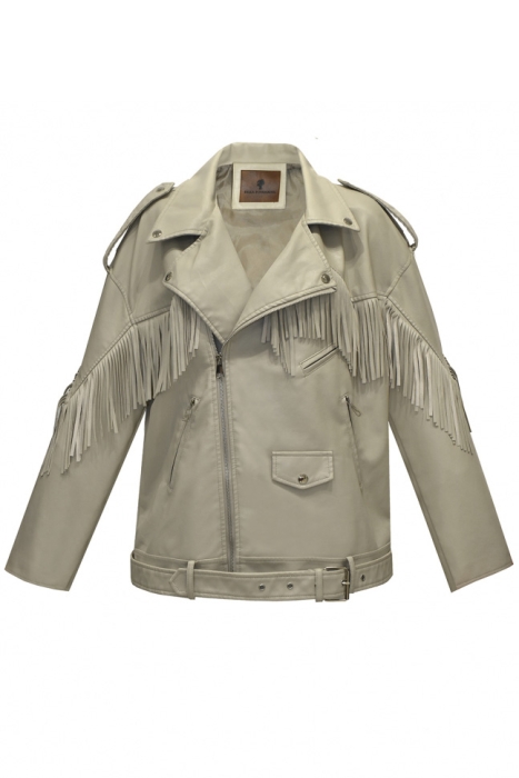 Куртка косуха "Лэйни" светло-серо-бежевая,  с бахромой, эко-кожа
