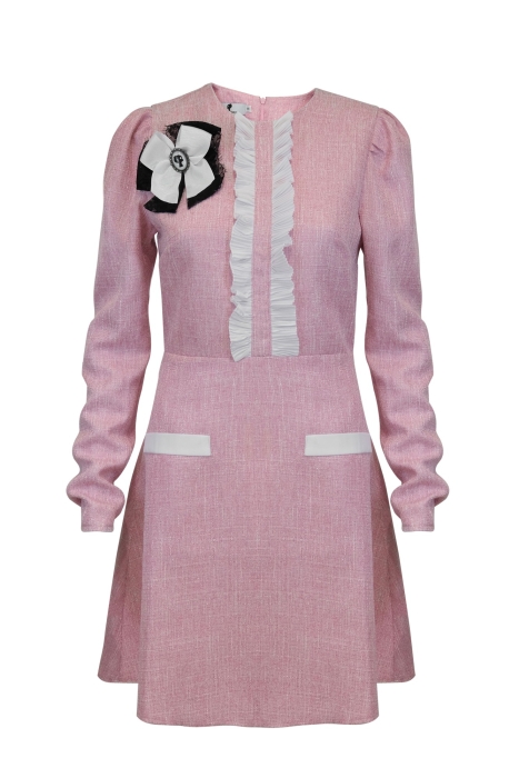 Платье "Бернетта" розовое, с люрексом, твид, белая окантовка гофре, мини