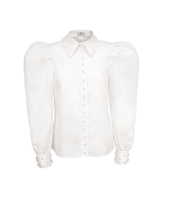 Блуза - рубашка "Иларис" белая, широкие рукава, декорирована жемчугом
