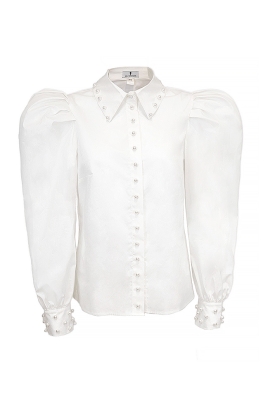 Блуза - рубашка "Иларис" белая, широкие рукава, декорирована жемчугом