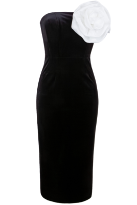 Платье "Розалия" черное, бархат, крупная белая брошь "роза"