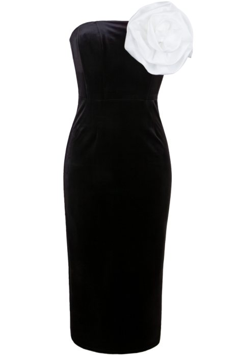 Платье "Розалия" черное, бархат, крупная белая брошь "роза"