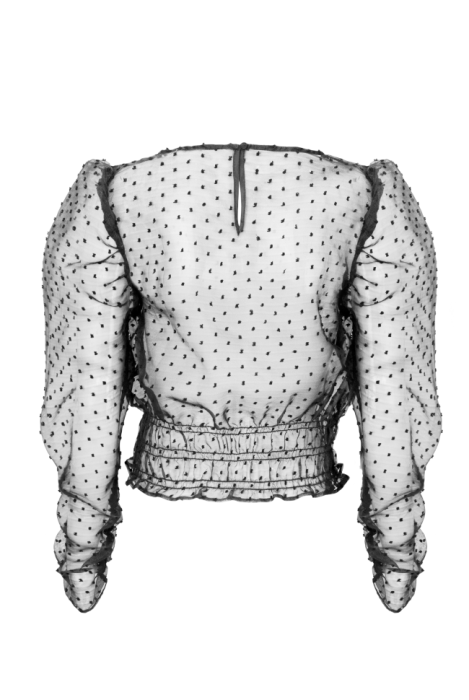 Блуза черная, органза в горошек, резинка по талии