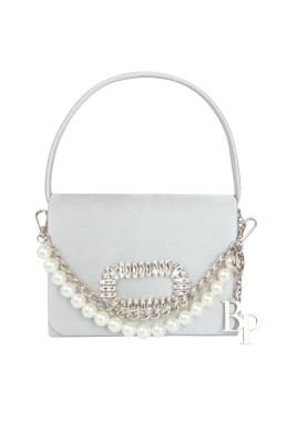 Сумка серая атлас (шелк) с брошью из стекляруса