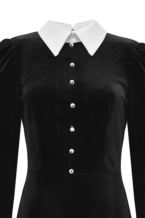 Платье "Мелита" черное, бархат, белый воротник и манжеты, макси