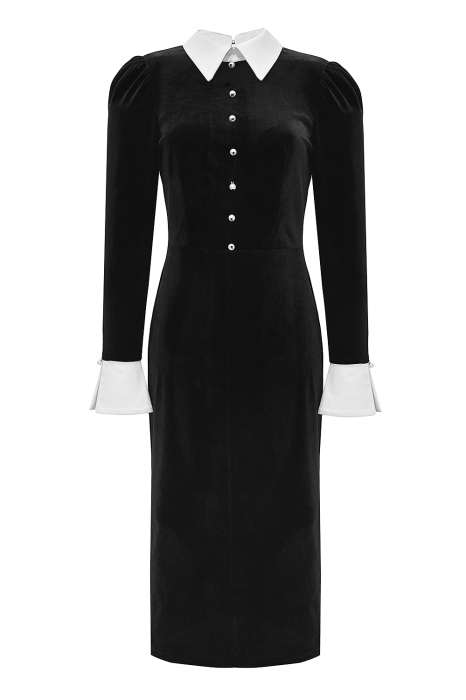 Платье "Мелита" черное, бархат, белый воротник и манжеты, макси