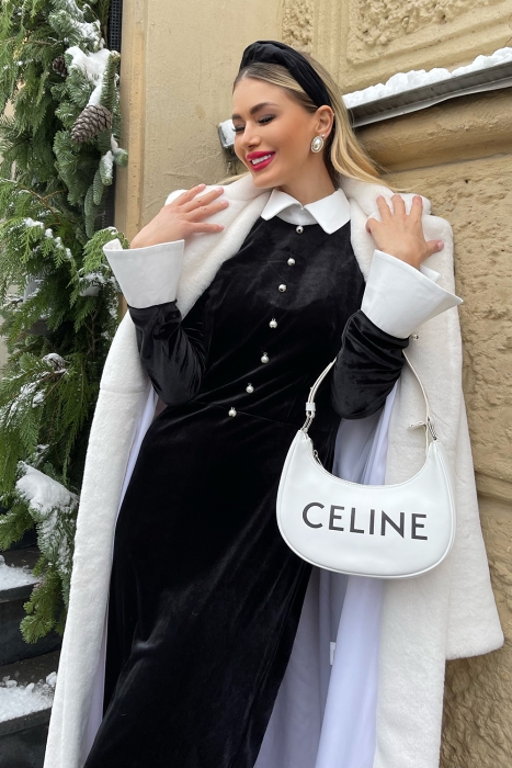 Платье "Мелита" черное, бархат, белый воротник и манжеты, макси