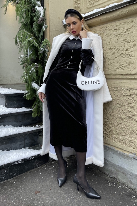 Платье "Мелита" черное, бархат, белый воротник и манжеты, макси