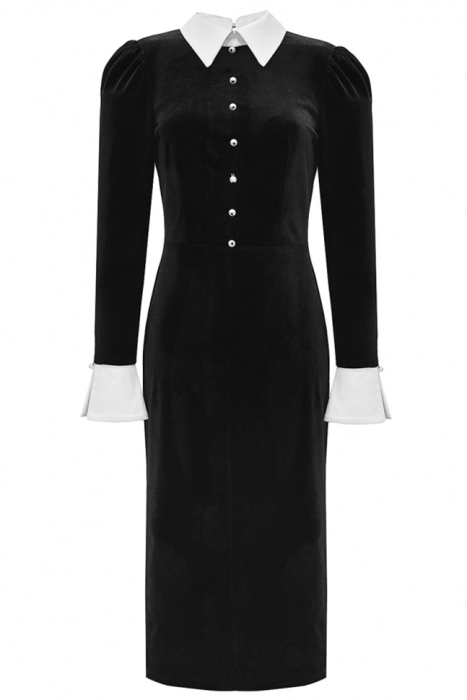 Платье "Мелита" черное, бархат, белый воротник и манжеты, макси