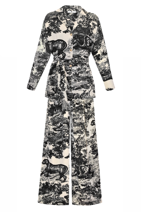 Костюм - пижама "Паскаль" бежевый, эко-шелк, черный принт "прованс"