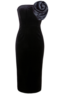 Платье "Розалия" черное, бархат, крупная черная брошь "роза"