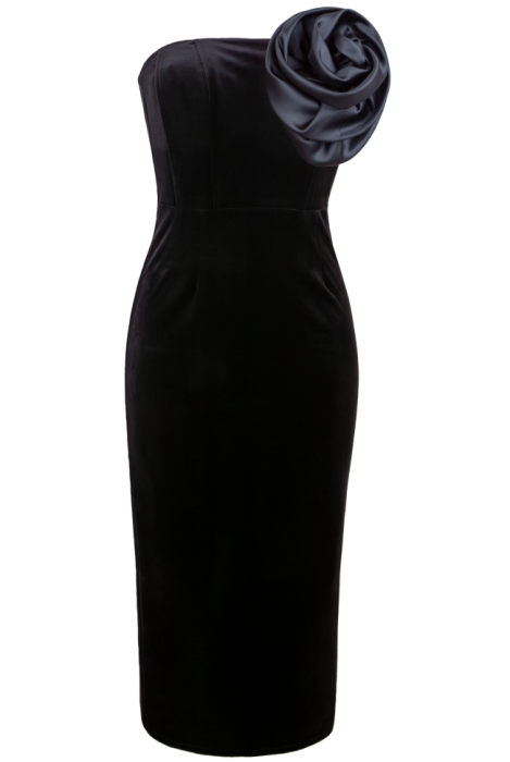 Платье "Розалия" черное, бархат, крупная черная брошь "роза"