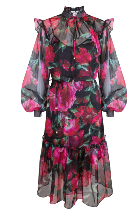 Платье "Миранда" черное, принт цветы, шифон, макси, с комбинацией