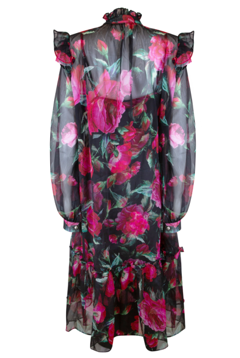 Платье "Миранда" черное, принт цветы, шифон, макси, с комбинацией
